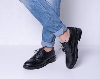 Hugo - femmes oxfrods, chaussures à plateforme, chaussures à plateforme pour femmes, chaussures à plateforme noires, chaussures noires pour femmes, oxfrods noirs, chaussures plates noires pour femmes