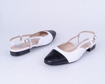 Villa - leather flats,two-tone flats,black and white shoes,leather slingback,closed toe slingback,black toe shoes,women shoes,women flats