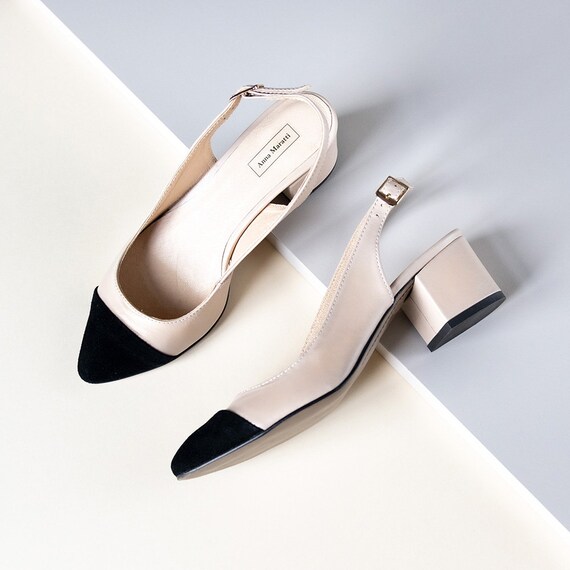 Ella Leather Block Heels,two-tone Pumps,beige With Black Shoes