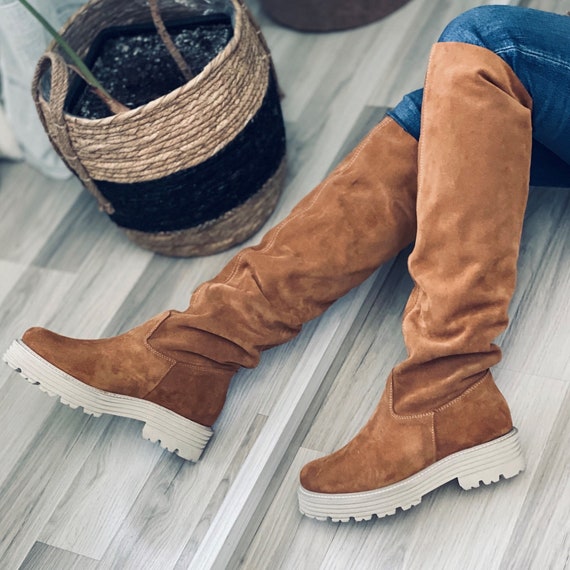 Rico lederen knie hoge laarzen hoge laarzen vrouwen - Etsy België