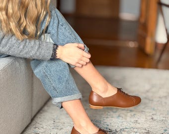 Damen-Oxfordschuhe aus cognacfarbenem Leder, Coco