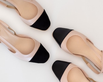 Julla - 7 US sale leren flats,tweekleurige flats,beige met zwarte schoenen,leren slingback,slingbacks met gesloten neus,zwarte schoenen,damesschoenen