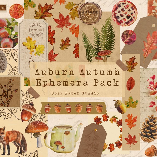 Printable Digital Download Auburn Autumn Ephemera Pack Printable, Junk Journaling Kit, Scrapbooking Supplies, Bullet Journal, BUJO
