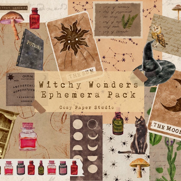 Printable Digital Download Witchy Wonders Ephemera Pack, Journaling Kit, Scrapbooking Supplies, Printable Pages, Junk Journal Kit, Planner
