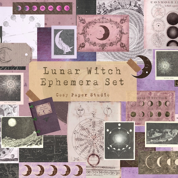 Printable Digital Download Lunar Witch Ephemera Pack Journaling & Scrapbooking Papers, Moon Junk Journal Kit, Bullet Journal, Craft Supplies