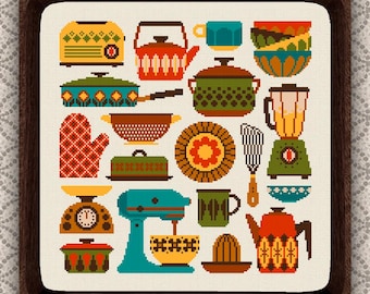 Mid Century Kitchen Utensils Cross Stitch Pattern: Retro Decor Embroidery (PDF Pattern)