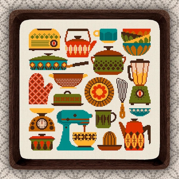 Mid Century Kitchen Utensils Cross Stitch Pattern: Retro Decor Embroidery (PDF Pattern)
