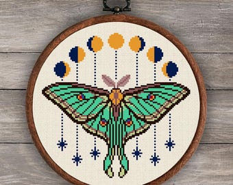 Luna Moth Cross Stitch Pattern: Moon Phases Embroidery (Digital Download)