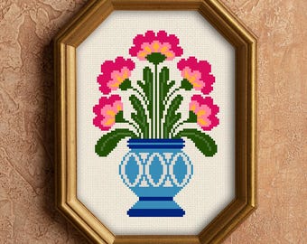Folk Flowers in Vase Cross Stitch Pattern: Pink Floral Decor (PDF)