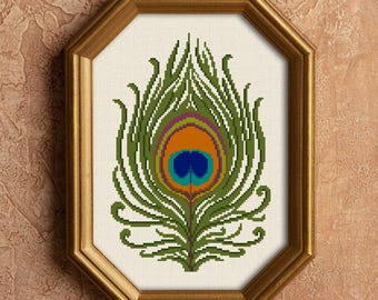 Peacock Feather Cross Stitch Pattern: Modern Bird Embroidery (PDF Pattern)