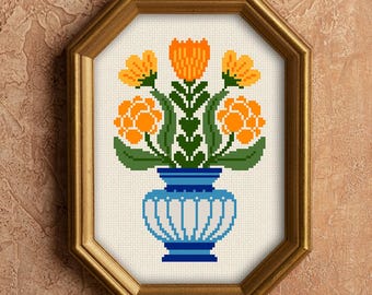 Folk Flowers in Vase Cross Stitch Pattern: Yellow Floral Decor (PDF)