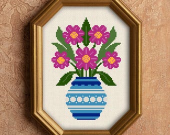 Folk Flowers in Vase Cross Stitch Pattern: Purple Floral Decor (PDF)