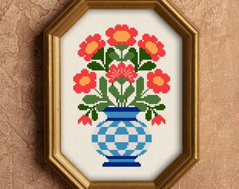 Folk Flowers in Vase Cross Stitch Pattern: Coral Floral Decor (PDF)
