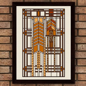 May include: Framed art print featuring an abstract geometric design in shades of orange, brown, and cream. The artwork has a symmetrical composition with vertical and horizontal lines, creating a modern, architectural feel. The print is displayed in a dark brown frame.
