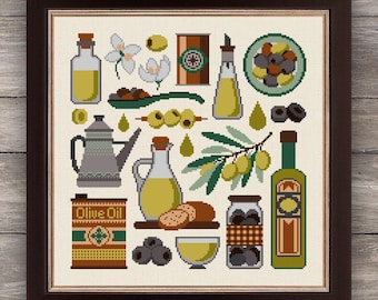Olive Oil Cross Stitch Pattern: Kitchen Embroidery Decor (PDF Pattern)