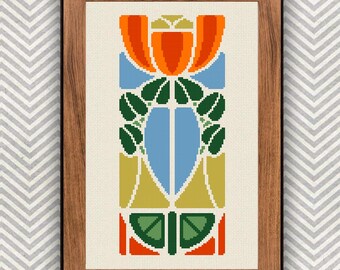 Retro Flower Tile Cross Stitch Pattern: Geometric and floral design (PDF Pattern)