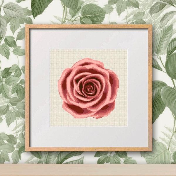 Nude pink rose cross stitch pattern, Blush rose embroidery pattern, Flower cross stitch chart, Floral cross stitch decor, Instant download