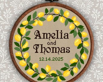 Lemon Wreath Cross Stitch Pattern: Personalized Wedding Gift (Digital PDF)