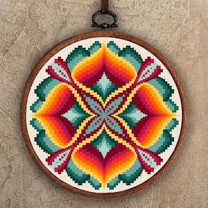 Bargello cirkelkruissteekpatroon: kleurrijk geometrisch borduurwerk (digitale pdf)