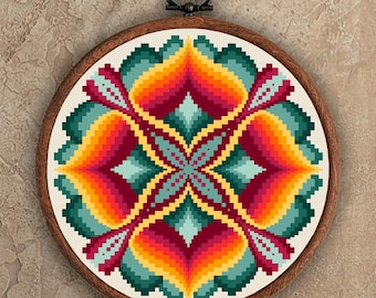 Bargello Circle Cross Stitch Pattern: Colorful Geometric Embroidery (Digital PDF)
