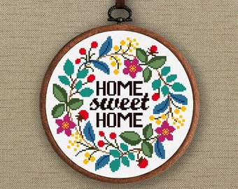 Home sweet home cross stitch pattern, Floral wreath cross stitch pdf, Quote cross stitch chart, Modern home decor, Flower embroidery pattern