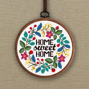 Home sweet home cross stitch pattern, Floral wreath cross stitch pdf, Quote cross stitch chart, Modern home decor, Flower embroidery pattern