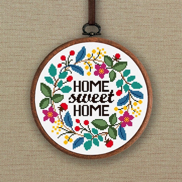 Home sweet home cross stitch pattern, Floral wreath cross stitch pdf, Quote cross stitch chart, Modern home decor, Flower embroidery pattern