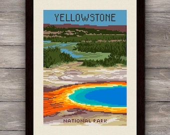 May include: Framed print depicting Yellowstone National Park. The image shows a pixelated landscape with a blue sky, green trees, and a colourful hot spring. The text "YELLOWSTONE NATIONAL PARK" is visible.