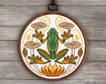 Vintage frog cross stitch pattern, Water lilies cross stitch digital download, Animal cross stitch pdf, Green frog embroidery wall decor
