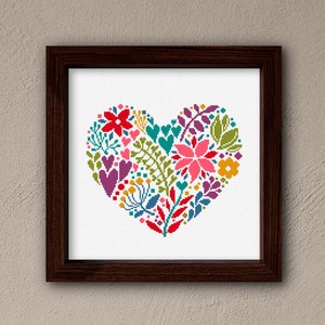 Floral heart cross stitch pattern, Heart shape cross stitch, Flowers embroidery PDF download, Modern floral embroidery, Colorful home decor