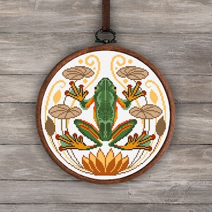Vintage frog cross stitch pattern, Water lilies cross stitch digital download, Animal cross stitch pdf, Green frog embroidery wall decor