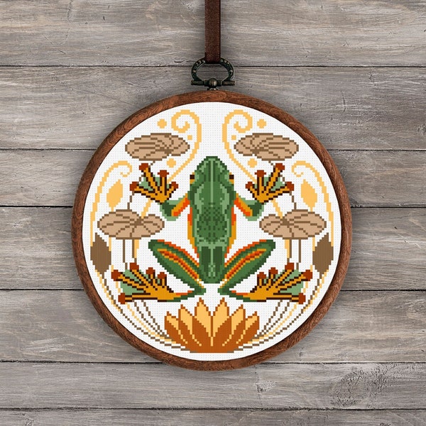 Vintage frog cross stitch pattern, Water lilies cross stitch digital download, Animal cross stitch pdf, Green frog embroidery wall decor