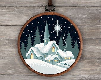 Winter Village Cross Stitch Pattern, Moonlit Snowy Village Night, Cozy ...