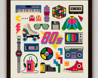 80s Cross Stitch Pattern: Eighties Decade Icons (PDF Download)