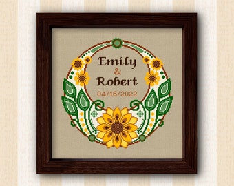 Sunflower Wreath Cross Stitch Pattern: Wedding Botanical Frame (PDF Pattern)