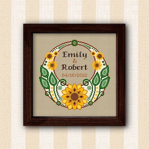 Blumenrahmen Kreuzstich Muster, Hochzeit Kreuzstich, Sonnenblumen Kranz Stickerei, Blumen personalisierte DIY Geschenk, individuelles Hochzeitsgeschenk