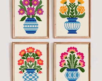 Folk Flowers in Vase Cross Stitch Pattern: Embroidery Floral Decor (PDF)