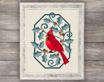 Cardinal Christmas Cross Stitch Pattern: Winter Bird Embroidery (PDF Pattern)