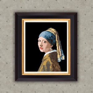 La ragazza con l&#39;orecchino di perla schema punto croce, punto croce Vermeer, Capolavoro xstitch, Pittura punto croce PDF, Decorazione murale artistica