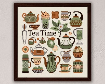 Tea Time cross stitch pattern, Tea lovers home decor, Kitchen cross stitch pdf, Fall cross stitch, Tea embroidery, Modern cross stitch