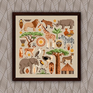 Modèle de point de croix savane africaine, animaux d'Afrique, point de croix pdf, grille de broderie savane, point de croix africain, safari et art de la nature