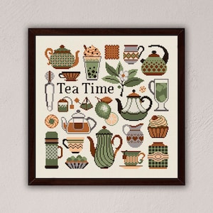 Tea Time cross stitch pattern, Tea lovers home decor, Kitchen cross stitch pdf, Fall cross stitch, Tea embroidery, Modern cross stitch