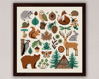 Woodland cross stitch pattern, Forest cross stitch pdf download, Cottage wall decor, Modern cross stitch, Nature embroidery Woodland nursery