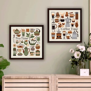 Ensemble de motifs de point de croix café et thé, cuisine point de croix pdf, point de croix café, décoration murale cuisine, l'heure du café l'heure du thé cottage