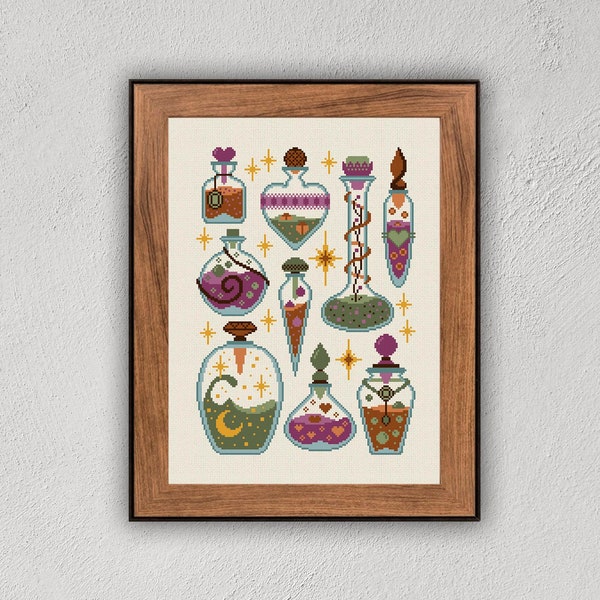 Potions cross stitch pattern, Magic potions embroidery pattern, Witchy cross stitch, Potion bottles cross stitch, Elixir jars, Witches brew