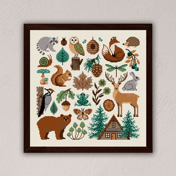 Woodland cross stitch pattern, Forest cross stitch pdf download, Cottage wall decor, Modern cross stitch, Nature embroidery Woodland nursery