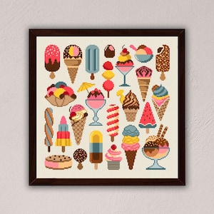 May include: A colorful illustration of various ice cream cones, popsicles, and sundaes. The ice cream is in shades of pink, yellow, blue, and brown. The background is a light beige.