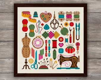 Needlework cross stitch pattern, Sewing icons cross stitch, Tailor embroidery decor, Sew sampler cross stitch chart, Instant download design