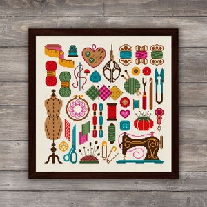 Needlework cross stitch pattern, Sewing icons cross stitch, Tailor embroidery decor, Sew sampler cross stitch chart, Instant download design