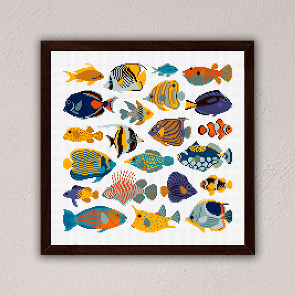 Tropical fishes cross stitch pattern, Ocean cross stitch pdf download, Reef fishes embroidery decor, Sea cross stitch, Sea animal wall decor